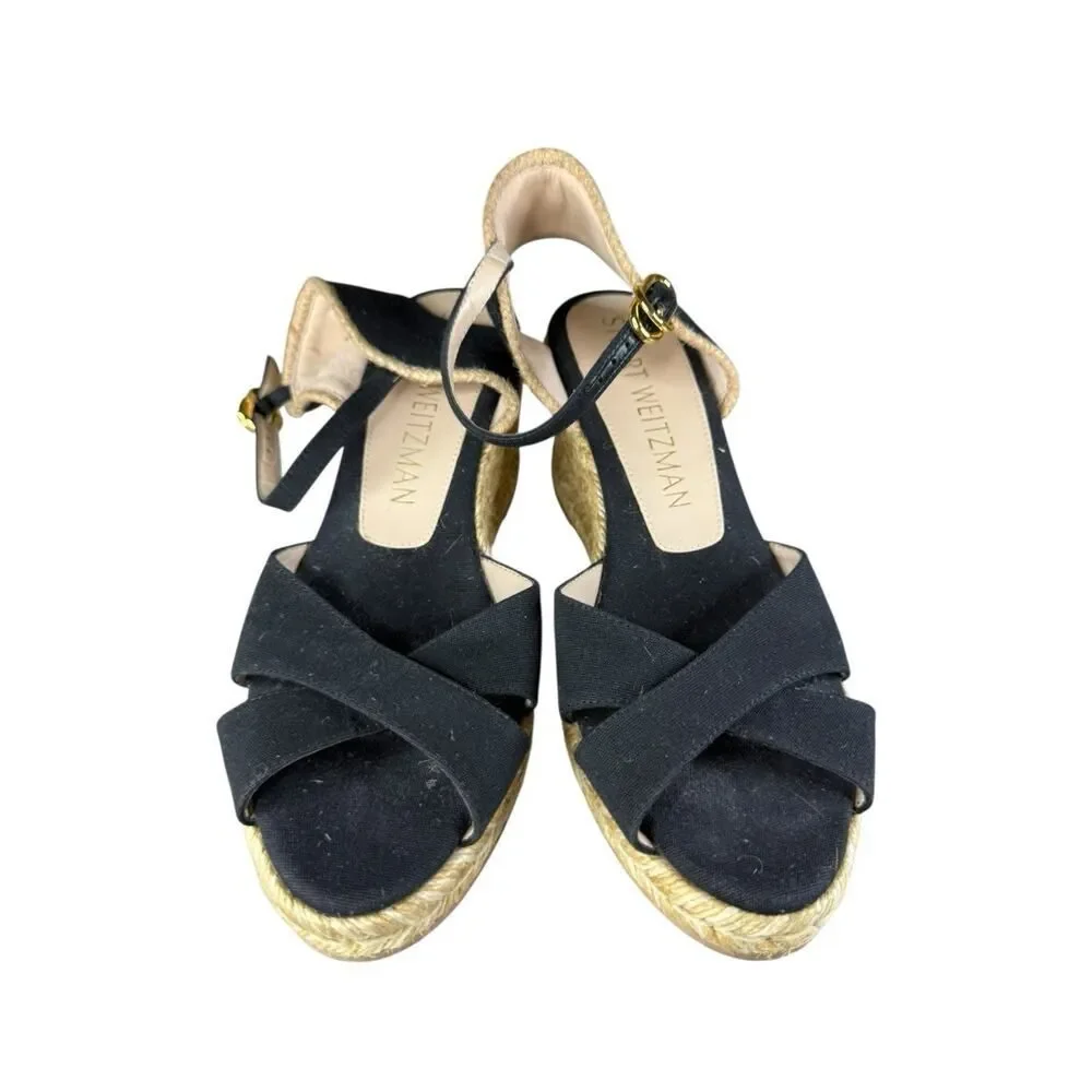 Stuart Weitzman Mirela Espadrille Wedge Sandals Black Natural 9B - Picture 8 of 11